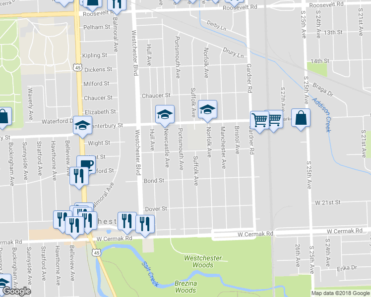 map of restaurants, bars, coffee shops, grocery stores, and more near 10020 Kent Street in Westchester
