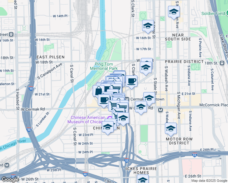 map of restaurants, bars, coffee shops, grocery stores, and more near 2117 South China Place in Chicago