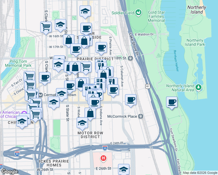 map of restaurants, bars, coffee shops, grocery stores, and more near 220 East 21st Street in Chicago