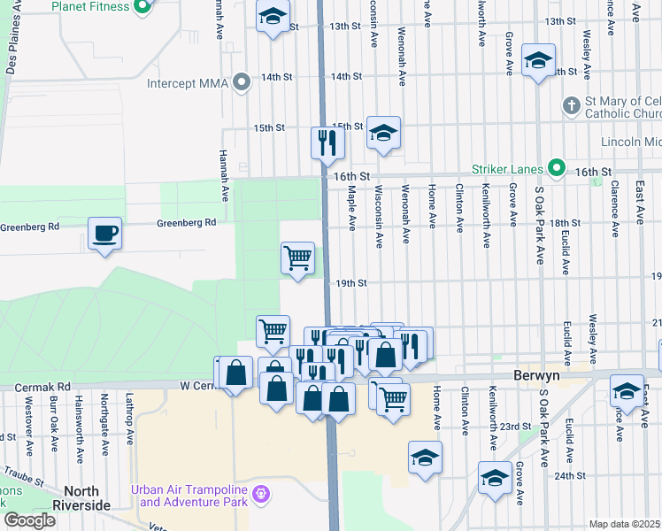 map of restaurants, bars, coffee shops, grocery stores, and more near 1835 Harlem Avenue in North Riverside