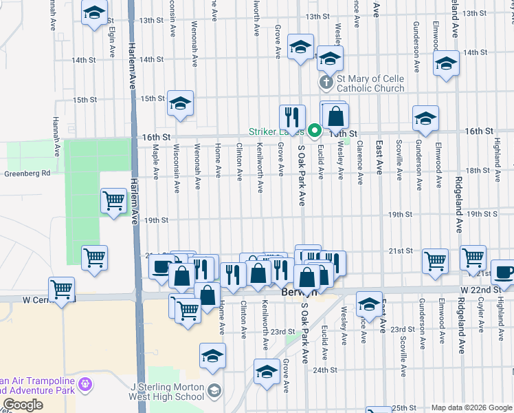 map of restaurants, bars, coffee shops, grocery stores, and more near 1840 Kenilworth Avenue in Berwyn