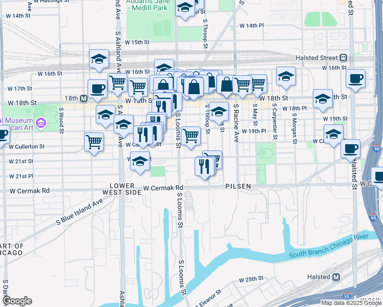 map of restaurants, bars, coffee shops, grocery stores, and more near 1314 West 21st Street in Chicago