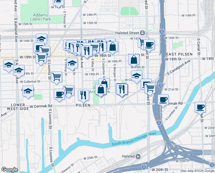 map of restaurants, bars, coffee shops, grocery stores, and more near 1025 West 20th Place in Chicago