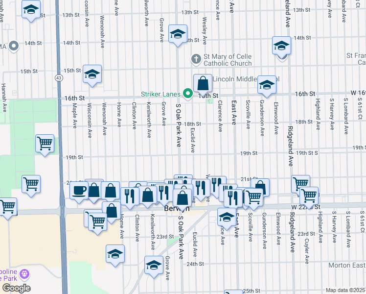 map of restaurants, bars, coffee shops, grocery stores, and more near 1841 South Oak Park Avenue in Berwyn