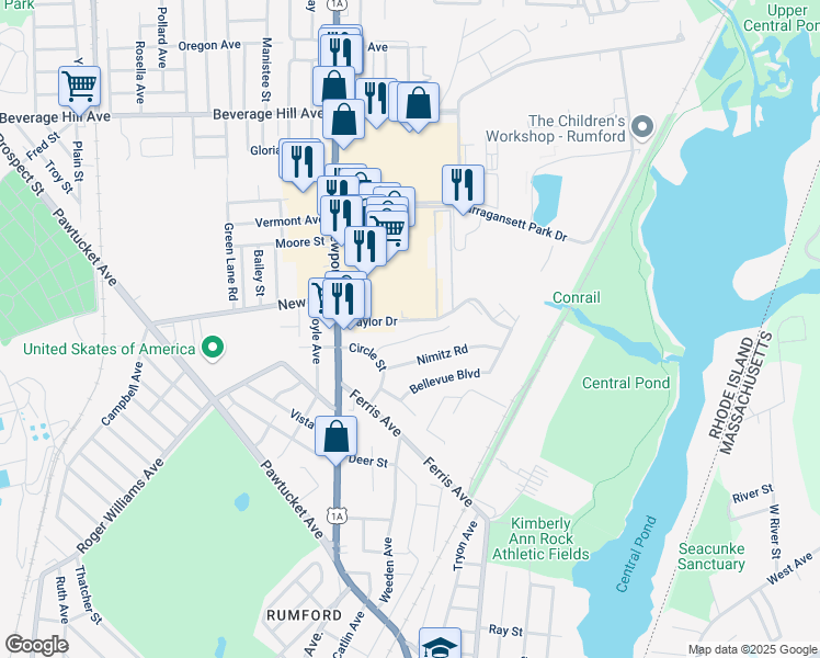 map of restaurants, bars, coffee shops, grocery stores, and more near 43 Taylor Drive in East Providence