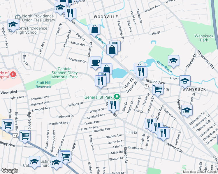 map of restaurants, bars, coffee shops, grocery stores, and more near 113 Lubec Street in Providence