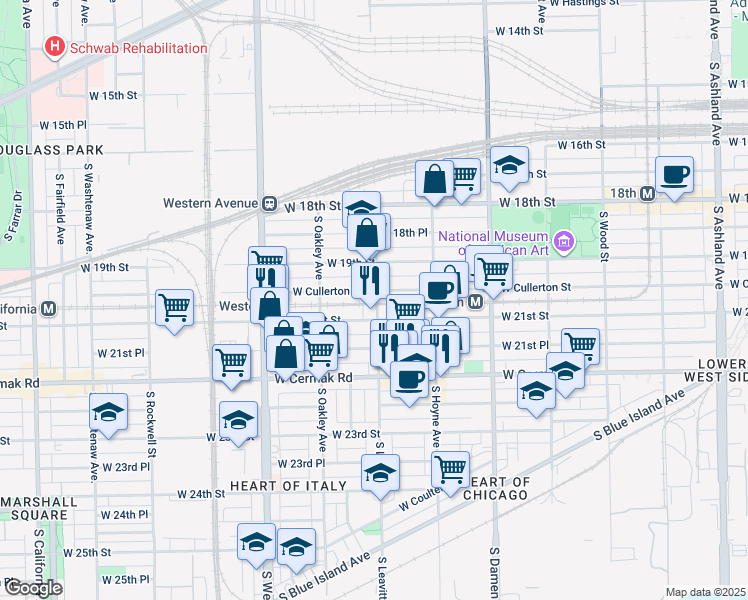 map of restaurants, bars, coffee shops, grocery stores, and more near 2006 South Leavitt Street in Chicago
