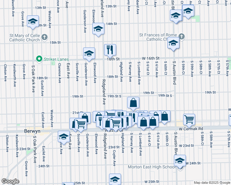 map of restaurants, bars, coffee shops, grocery stores, and more near 1847 Cuyler Avenue in Berwyn