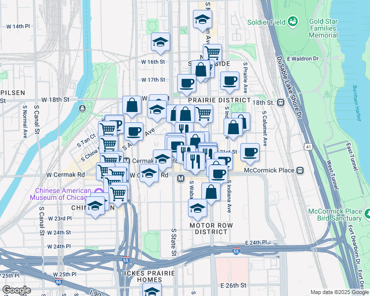 map of restaurants, bars, coffee shops, grocery stores, and more near 2024 South Wabash Avenue in Chicago