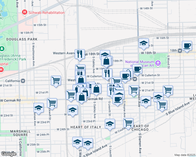 map of restaurants, bars, coffee shops, grocery stores, and more near 2247 West Cullerton Street in Chicago