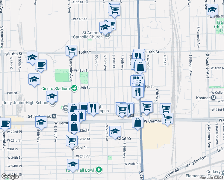 map of restaurants, bars, coffee shops, grocery stores, and more near 1904 South 49th Court in Cicero