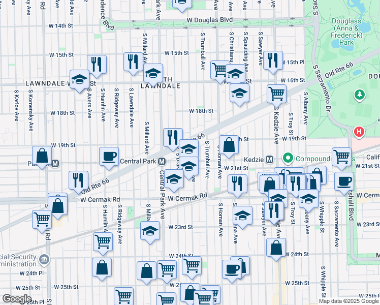map of restaurants, bars, coffee shops, grocery stores, and more near 1920 South Saint Louis Avenue in Chicago