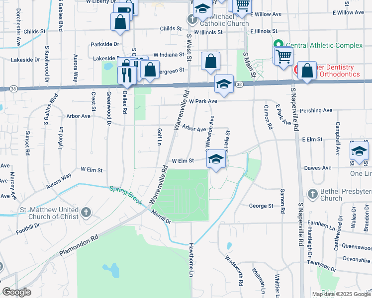 map of restaurants, bars, coffee shops, grocery stores, and more near 1012 James Court in Wheaton