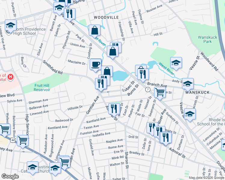 map of restaurants, bars, coffee shops, grocery stores, and more near 101 Lubec St in Providence