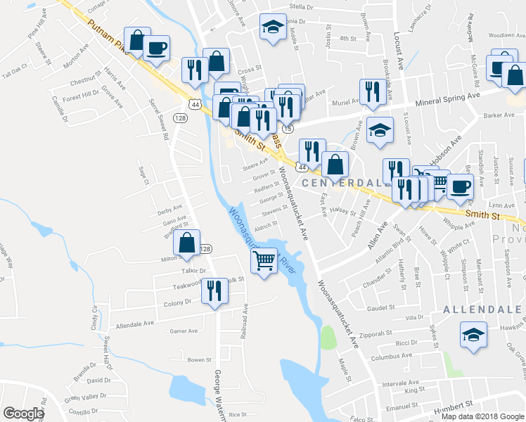 map of restaurants, bars, coffee shops, grocery stores, and more near 29 Stevens Street in North Providence