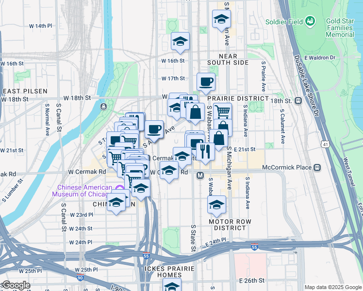 map of restaurants, bars, coffee shops, grocery stores, and more near 2030 South State Street in Chicago