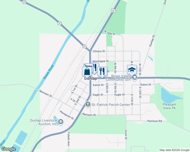 map of restaurants, bars, coffee shops, grocery stores, and more near 613 Iowa Avenue in Dunlap