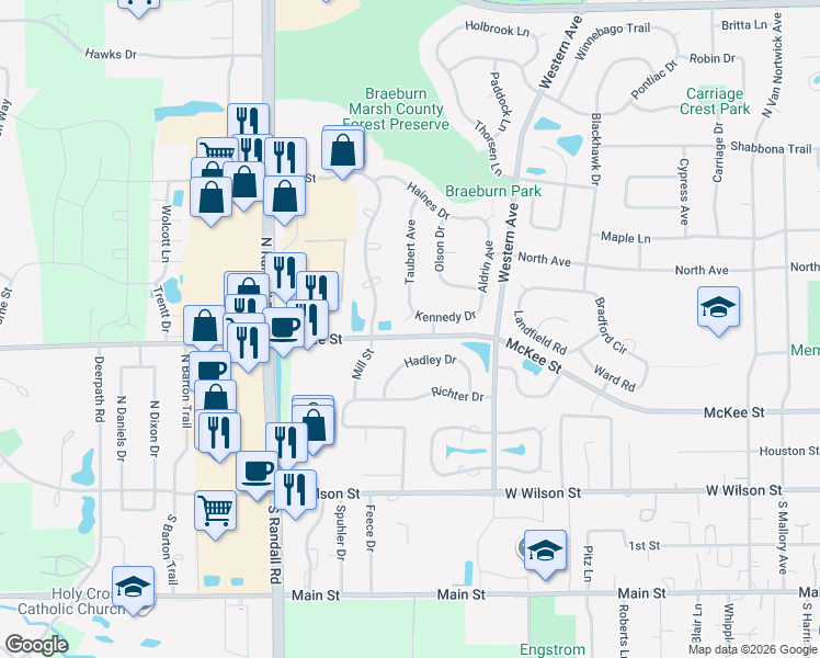 map of restaurants, bars, coffee shops, grocery stores, and more near 1630 Kennedy Drive in Batavia