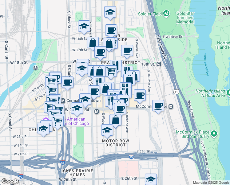 map of restaurants, bars, coffee shops, grocery stores, and more near 2028 South Michigan Avenue in Chicago