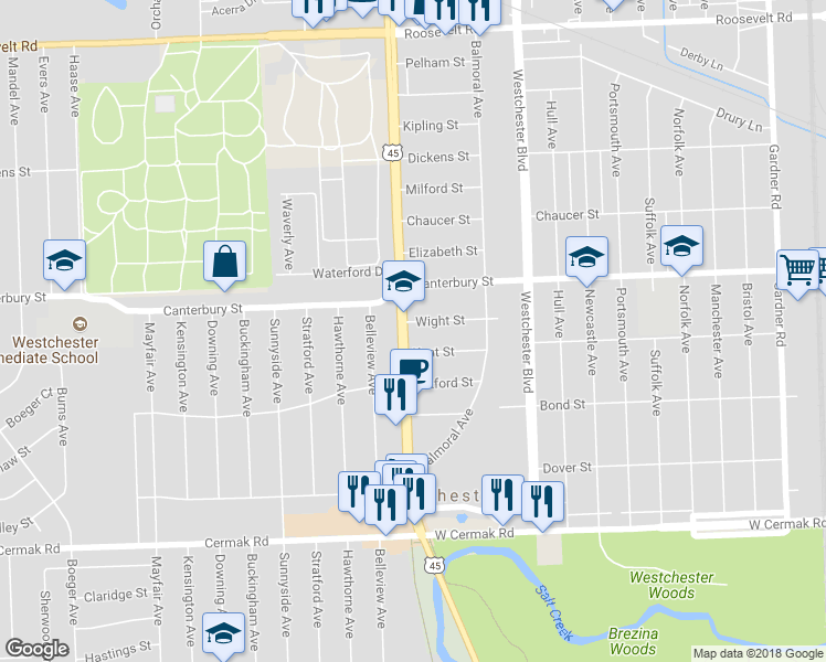 map of restaurants, bars, coffee shops, grocery stores, and more near 1645 South Mannheim Road in Westchester