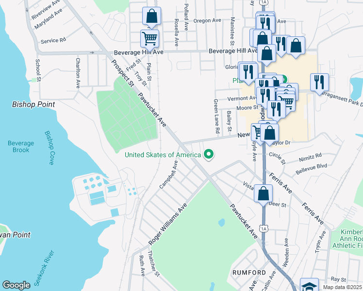 map of restaurants, bars, coffee shops, grocery stores, and more near 1 New Road in East Providence