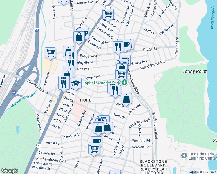 map of restaurants, bars, coffee shops, grocery stores, and more near 93 11th Street in Providence