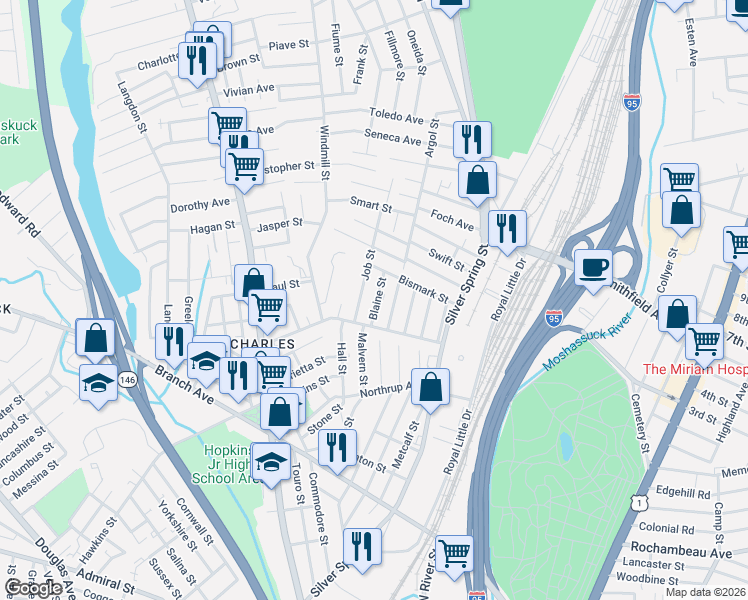 map of restaurants, bars, coffee shops, grocery stores, and more near 30 Amory Street in Providence