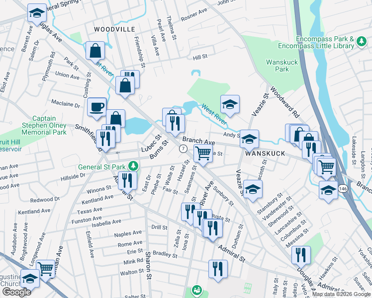 map of restaurants, bars, coffee shops, grocery stores, and more near 98 Henrietta Street in Providence