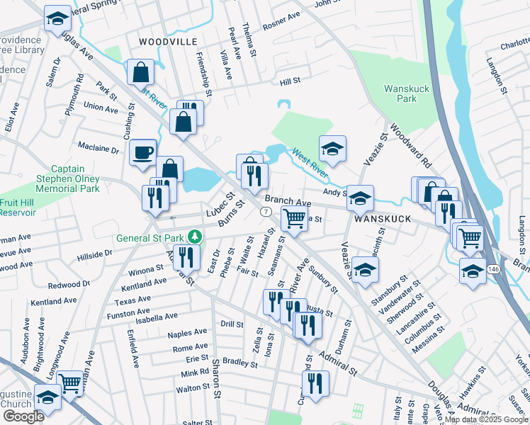 map of restaurants, bars, coffee shops, grocery stores, and more near 12 Atlas Street in Providence