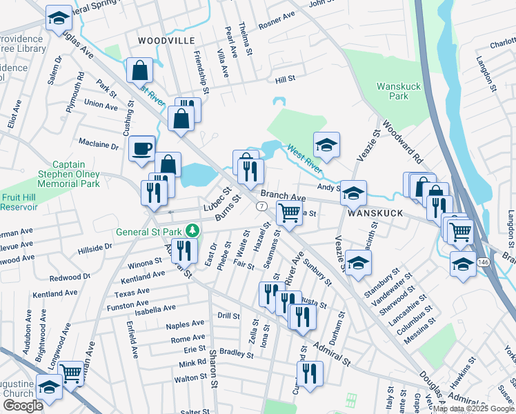 map of restaurants, bars, coffee shops, grocery stores, and more near 12 Atlas Street in Providence