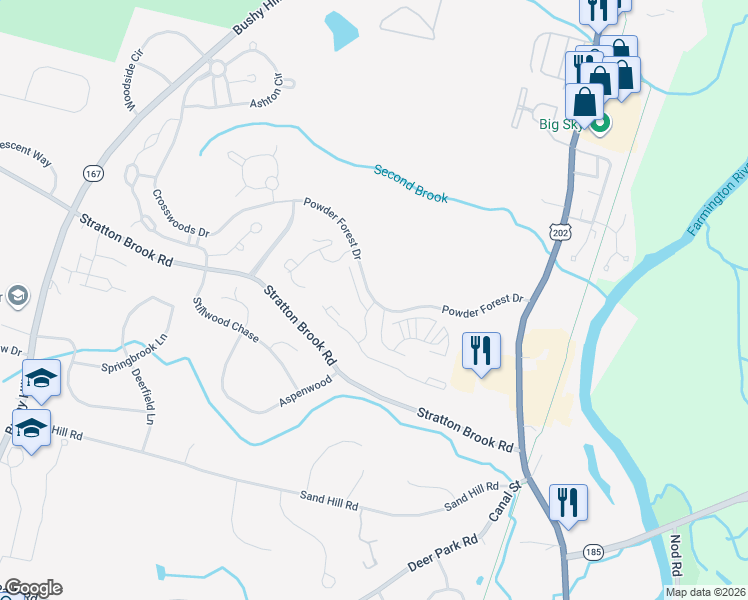 map of restaurants, bars, coffee shops, grocery stores, and more near 105 Powder Forest Drive in Simsbury