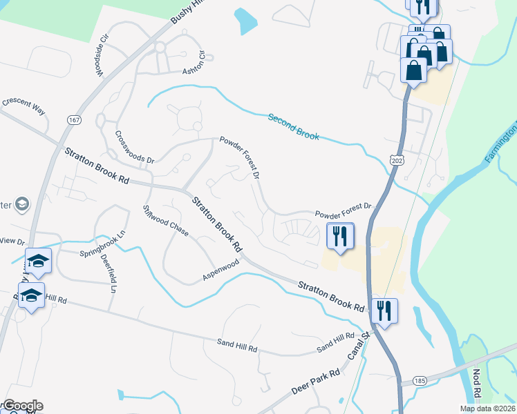 map of restaurants, bars, coffee shops, grocery stores, and more near 300 Highcroft Place in Simsbury