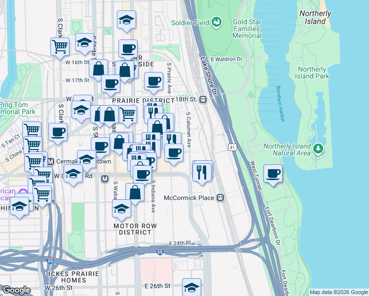 map of restaurants, bars, coffee shops, grocery stores, and more near 320 East 21st Street in Chicago