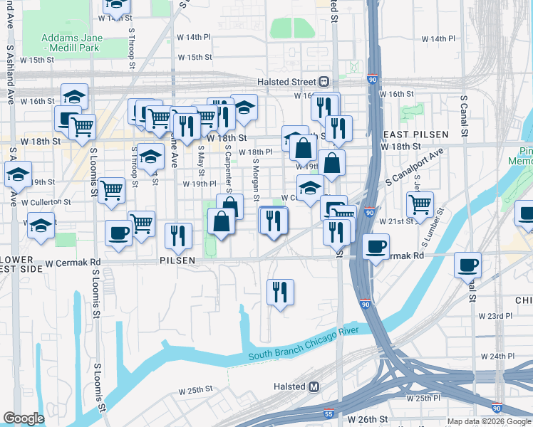 map of restaurants, bars, coffee shops, grocery stores, and more near 2021 South Morgan Street in Chicago