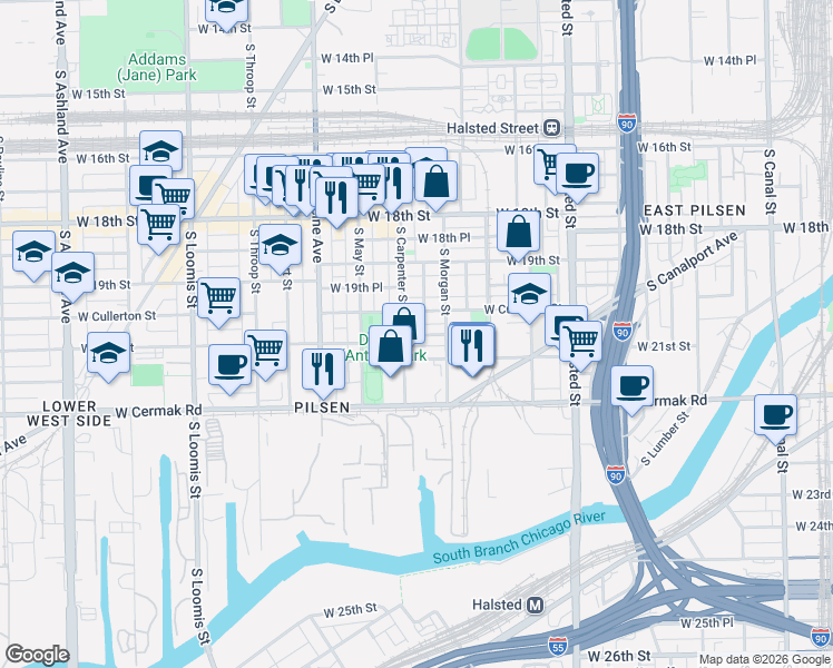 map of restaurants, bars, coffee shops, grocery stores, and more near 1025 West 20th Place in Chicago