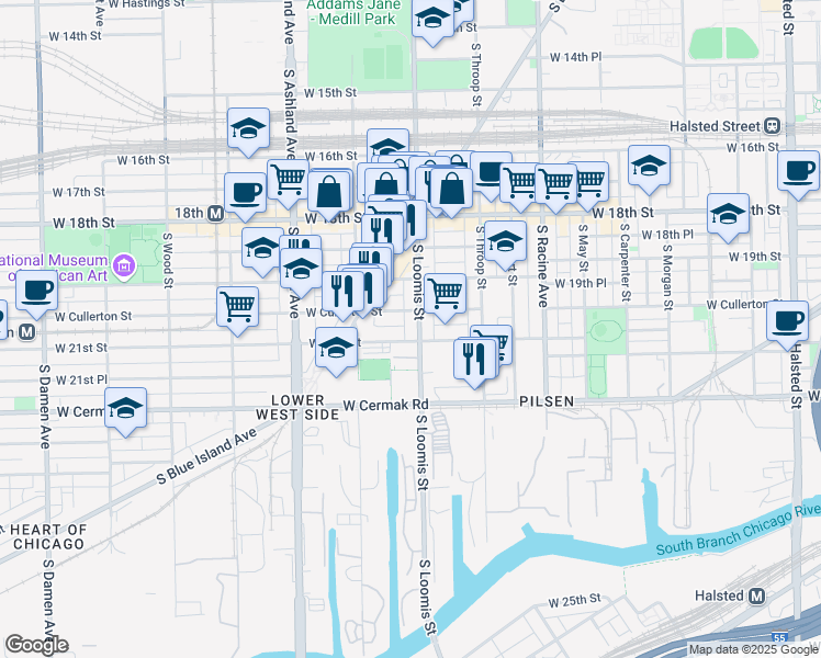 map of restaurants, bars, coffee shops, grocery stores, and more near 2018 South Loomis Street in Chicago