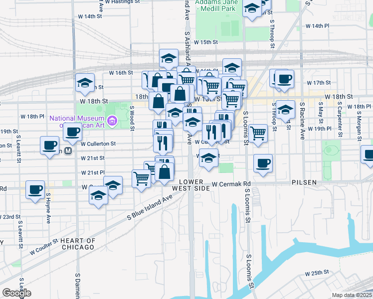 map of restaurants, bars, coffee shops, grocery stores, and more near 2018 South Ashland Avenue in Chicago