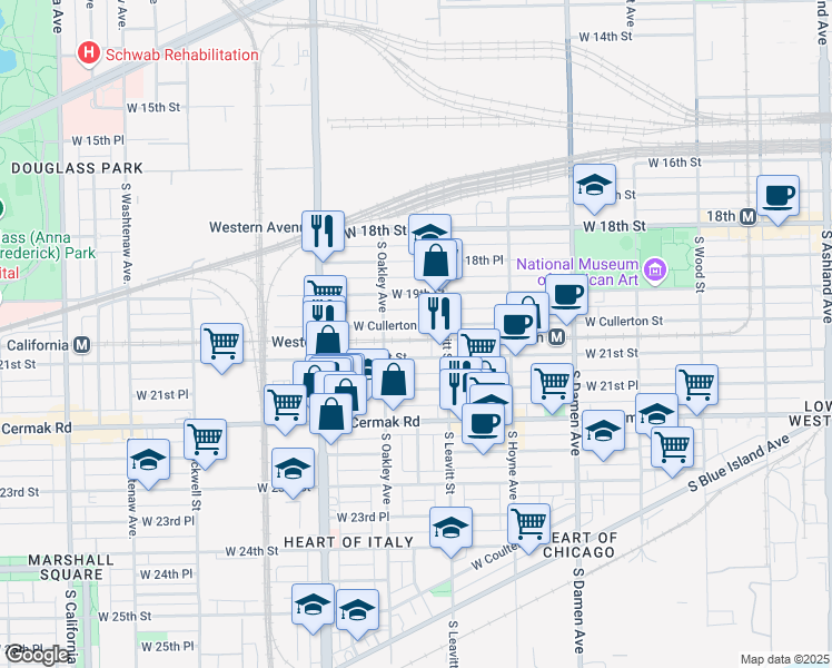 map of restaurants, bars, coffee shops, grocery stores, and more near 2247 West Cullerton Street in Chicago
