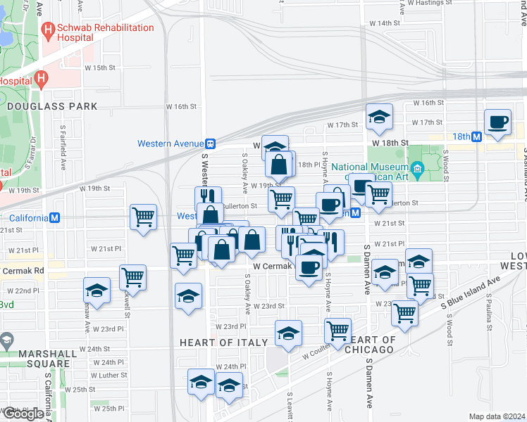map of restaurants, bars, coffee shops, grocery stores, and more near 2247 West Cullerton Street in Chicago
