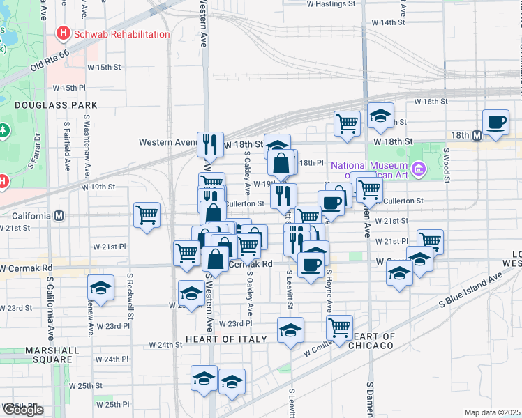 map of restaurants, bars, coffee shops, grocery stores, and more near 2247 West Cullerton Street in Chicago
