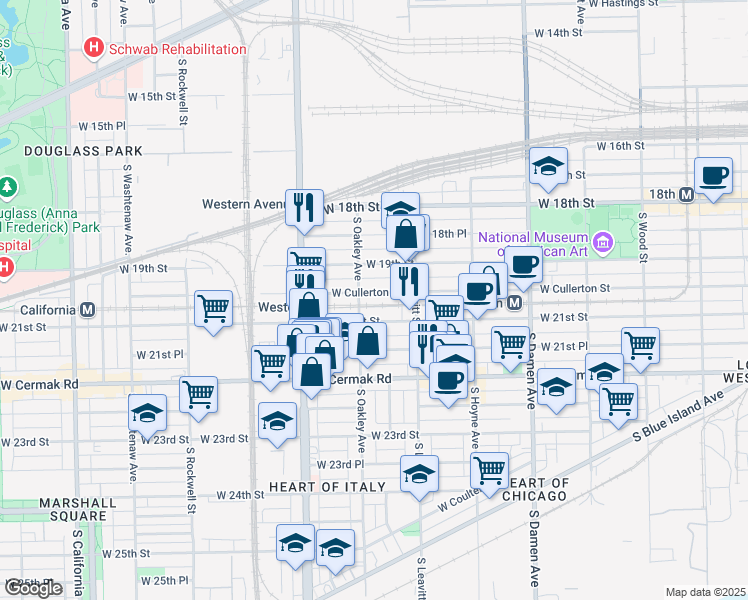 map of restaurants, bars, coffee shops, grocery stores, and more near 2247 West Cullerton Street in Chicago