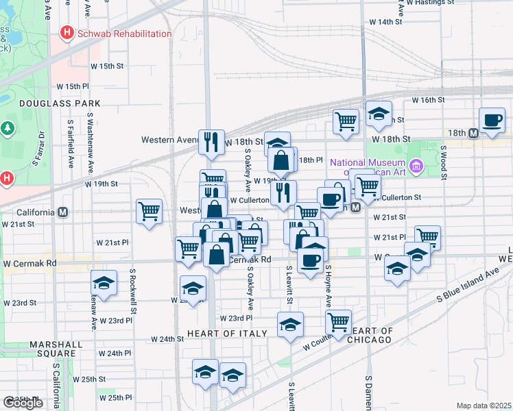 map of restaurants, bars, coffee shops, grocery stores, and more near 2247 West Cullerton Street in Chicago