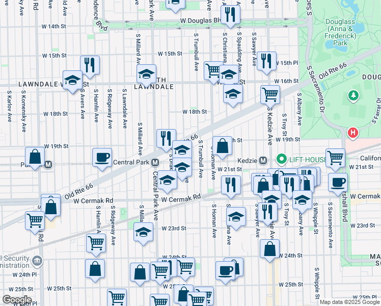 map of restaurants, bars, coffee shops, grocery stores, and more near 1920 South Saint Louis Avenue in Chicago