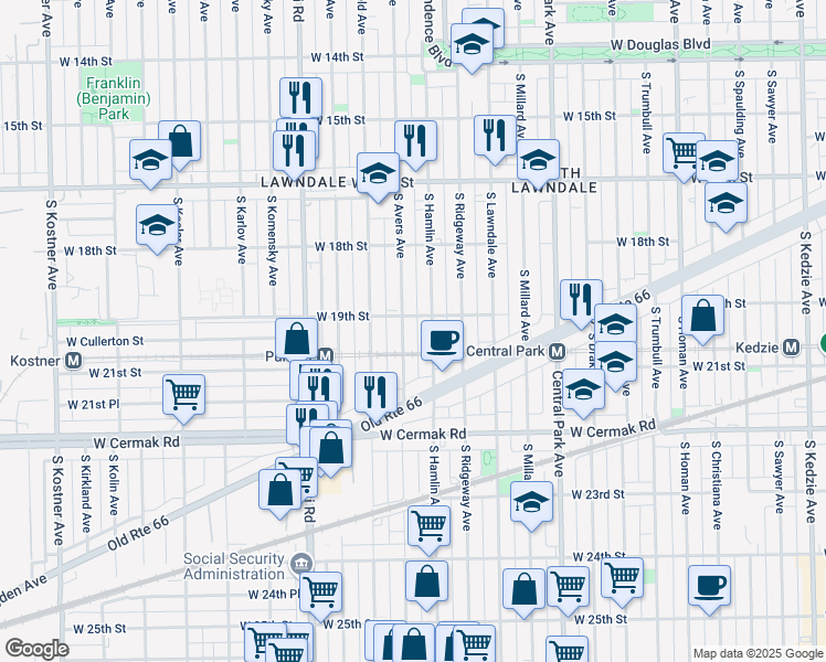 map of restaurants, bars, coffee shops, grocery stores, and more near 1918 South Hamlin Avenue in Chicago