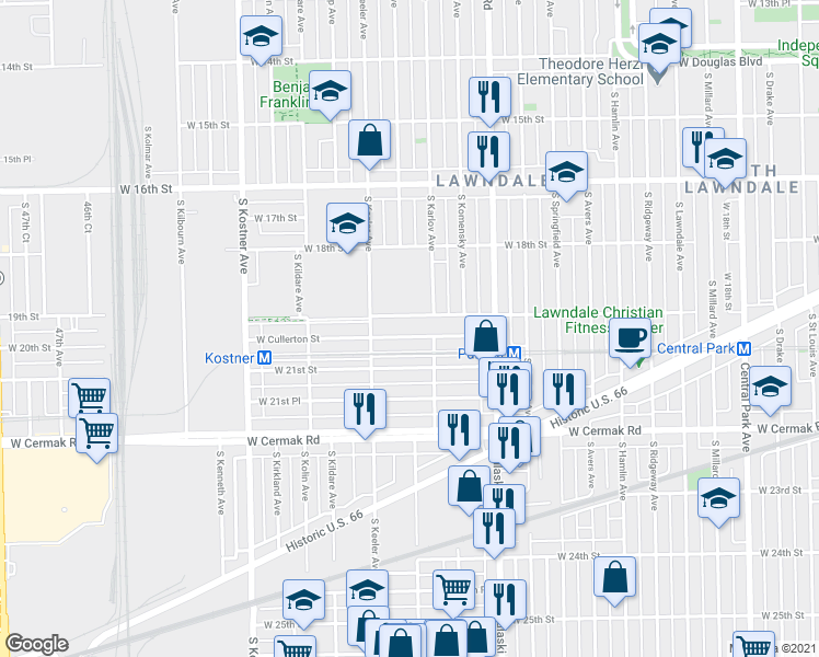 map of restaurants, bars, coffee shops, grocery stores, and more near 4100 West Cullerton Street in Chicago