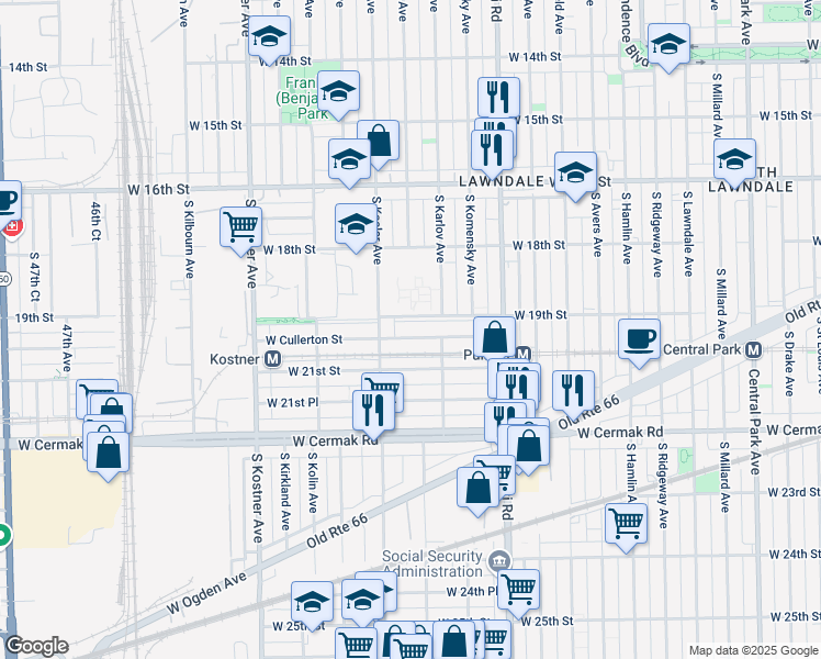 map of restaurants, bars, coffee shops, grocery stores, and more near 4142 West Cullerton Street in Chicago