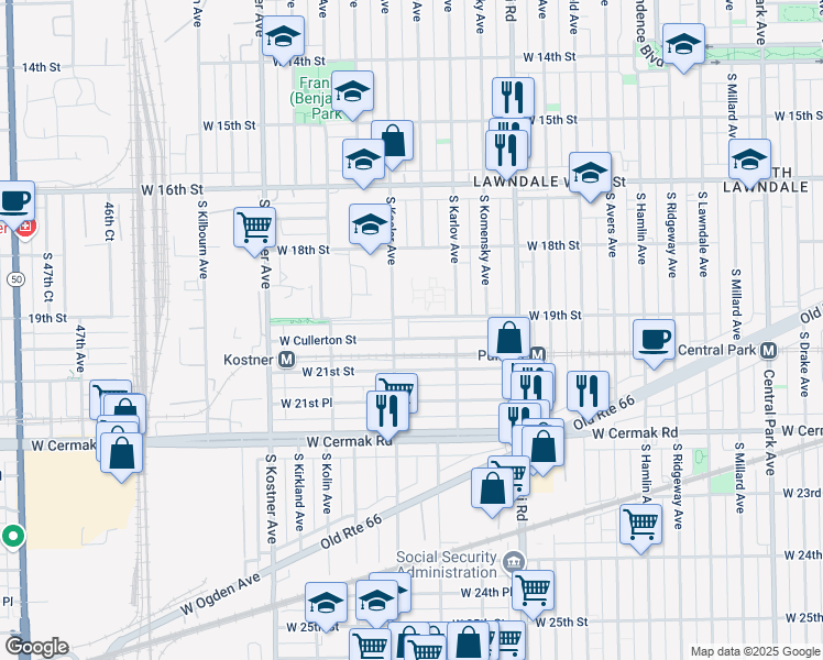 map of restaurants, bars, coffee shops, grocery stores, and more near 4142 West Cullerton Street in Chicago