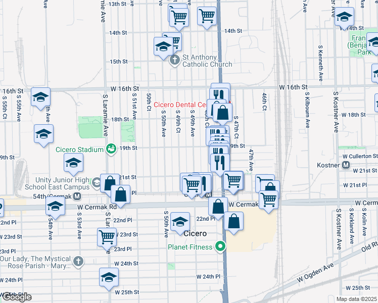 map of restaurants, bars, coffee shops, grocery stores, and more near 1906 South 49th Avenue in Cicero