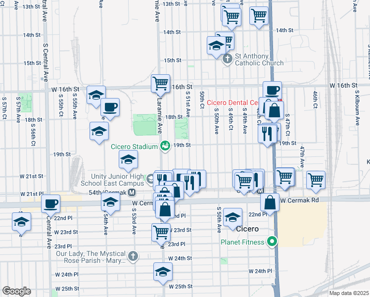 map of restaurants, bars, coffee shops, grocery stores, and more near 1905 South 51st Avenue in Cicero