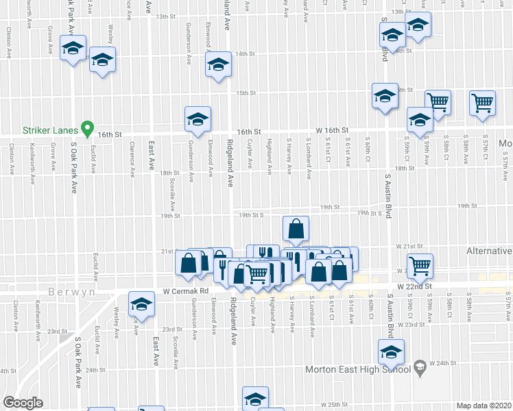 map of restaurants, bars, coffee shops, grocery stores, and more near 6303 19th Street in Berwyn